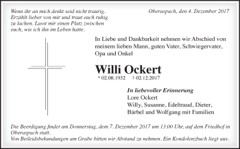 Traueranzeige von Willi Ockert von Haller Tagblatt