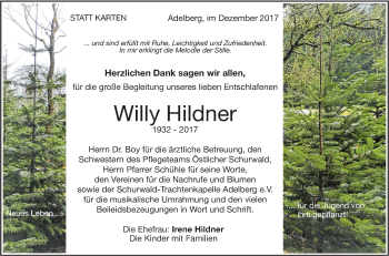 Traueranzeige von Willy Hildner von NWZ Neue Württembergische Zeitung