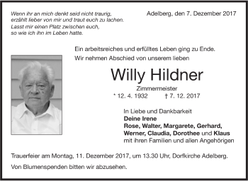 Traueranzeige von Willy Hildner von NWZ Neue Württembergische Zeitung