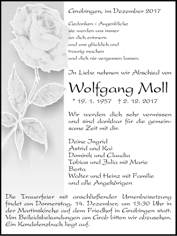 Traueranzeige von Wolfgang Moll von NWZ Neue Württembergische Zeitung