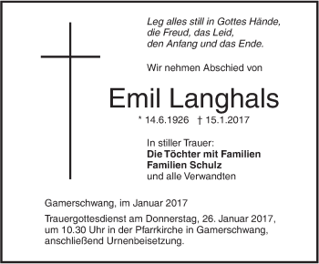 Traueranzeige von Emil Langhals von Südwest Presse