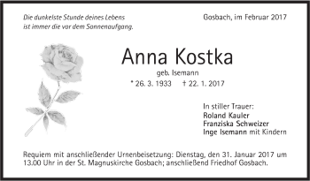 Traueranzeige von Anna Kostka von Südwest Presse