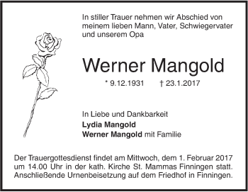 Traueranzeige von Werner Mangold von Südwest Presse