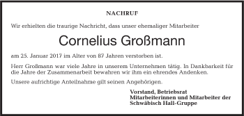 Traueranzeige von Cornelius Großmann von Südwest Presse