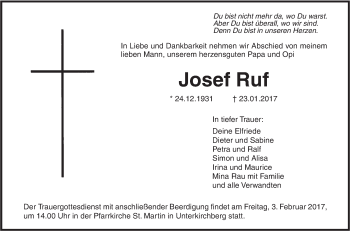 Traueranzeige von Josef Ruf von Südwest Presse