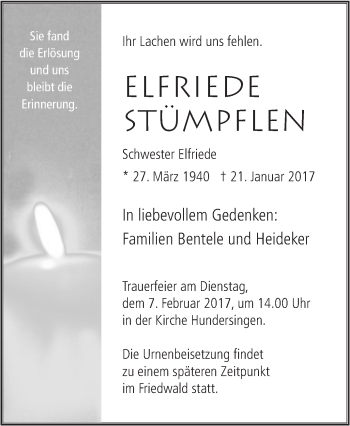 Traueranzeige von Elfriede Stümpflen von Südwest Presse