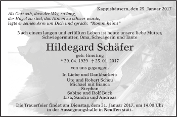 Traueranzeige von Hildegard Schäfer von Südwest Presse