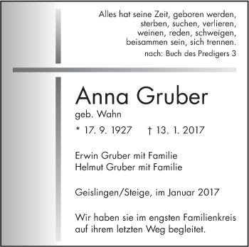 Traueranzeige von Anna Gruber von Südwest Presse