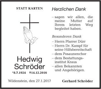 Traueranzeige von Hedwig Schröder von Südwest Presse