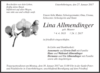 Traueranzeige von Lina Allmendinger von Südwest Presse