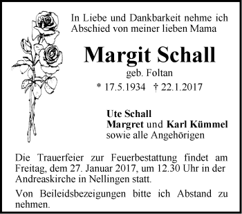 Traueranzeige von Margit Schall von Südwest Presse