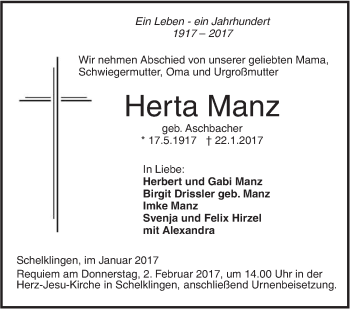 Traueranzeige von Herta Manz von Südwest Presse