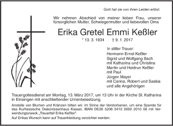 Traueranzeige von Erika Gretel Emmi Keßler von Südwest Presse