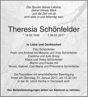 Traueranzeige von Theresia Schönfelder von Südwest Presse