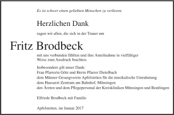 Traueranzeige von Fritz Brodbeck von Südwest Presse