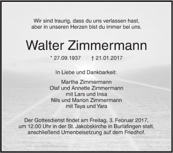 Traueranzeige von Walter Zimmermann von Südwest Presse