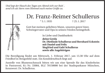 Traueranzeige von Franz-Reimer Schullerus von Südwest Presse