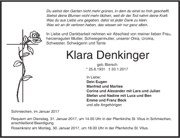 Traueranzeige von Klara Denkinger von Südwest Presse