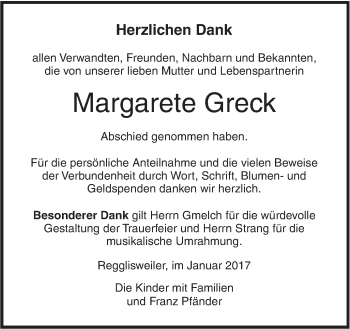 Traueranzeige von Margarete Greck von Südwest Presse