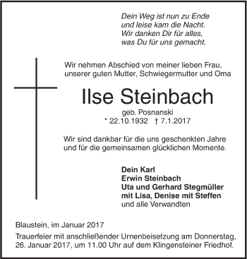 Traueranzeige von Ilse Steinbach von Südwest Presse