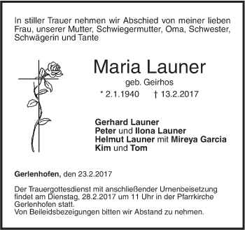 Traueranzeige von Maria Launer von Südwest Presse