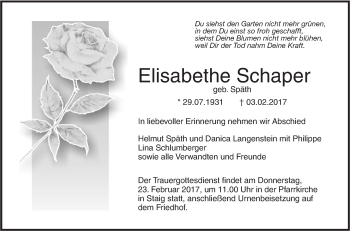 Traueranzeige von Elisabethe Schaper von Südwest Presse