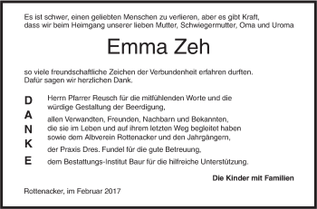 Traueranzeige von Emma Zeh von Ehinger Tagblatt