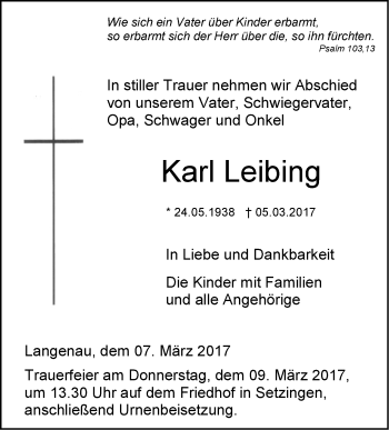 Traueranzeige von Karl Leibing von Südwest Presse