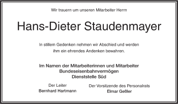 Traueranzeige von Hans-Dieter Staudenmayer von Ehinger Tagblatt