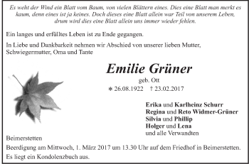 Traueranzeige von Emilie Grüner von Südwest Presse