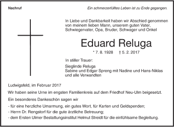 Traueranzeige von Eduard Reluga von Südwest Presse