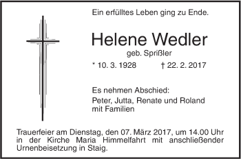 Traueranzeige von Helene Wedler von Südwest Presse