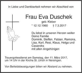 Traueranzeige von Eva Duschek von Südwest Presse