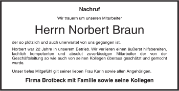 Traueranzeige von Norbert Braun von Ehinger Tagblatt