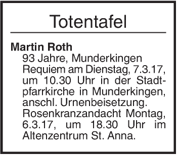 Traueranzeige von Totentafel vom 03.03.2017 von Ehinger Tagblatt