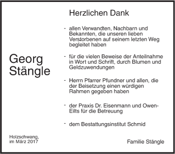 Traueranzeige von Georg Stängle von Südwest Presse