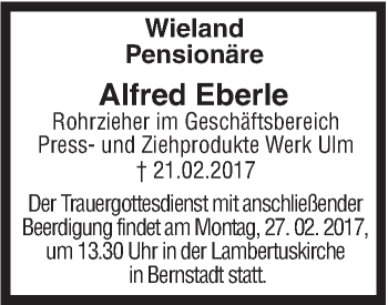 Traueranzeige von Alfred Eberle von Südwest Presse