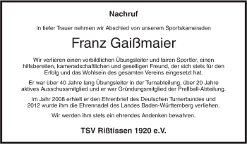 Traueranzeige von Franz Gaißmaier von Ehinger Tagblatt