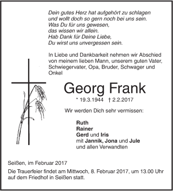 Traueranzeige von Georg Frank von Südwest Presse