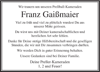 Traueranzeige von Franz Gaißmaier von Ehinger Tagblatt