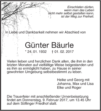 Traueranzeige von Günter Bäurle von Südwest Presse