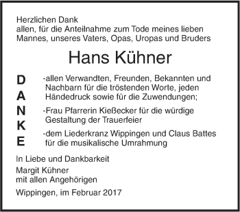 Traueranzeige von Hans Kühner von Südwest Presse