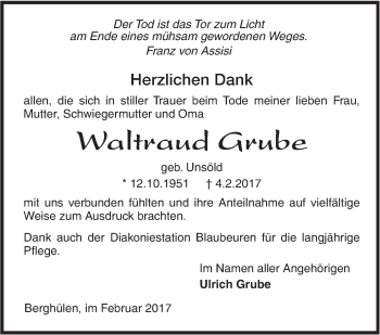 Traueranzeige von Waltraud Getbe von Südwest Presse