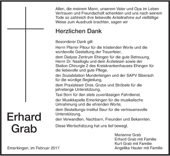 Traueranzeige von Erhard Grab von Ehinger Tagblatt