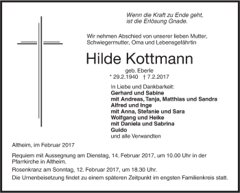 Traueranzeige von Hilde Kottmann von Ehinger Tagblatt