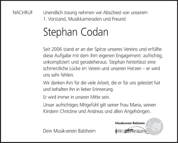 Traueranzeige von Stephan Codan von Illertal Bote