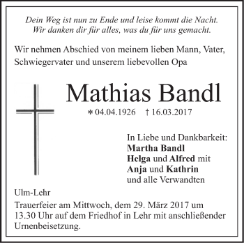 Traueranzeige von Mathias Bandl von Südwest Presse