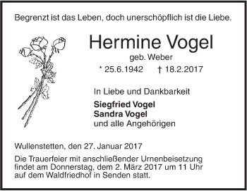 Traueranzeige von Hermine Vogel von Südwest Presse