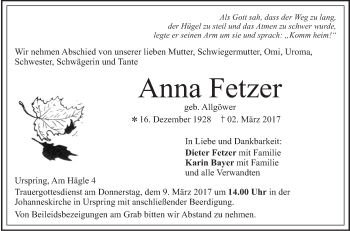 Traueranzeige von Anna Fetzer von Südwest Presse