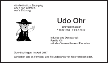 Traueranzeige von Udo Ohr von Ehinger Tagblatt